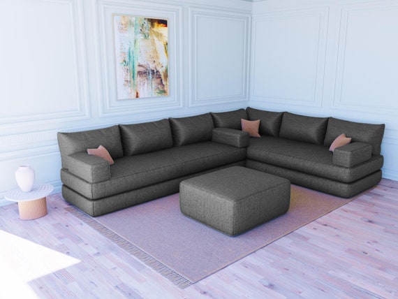 L-Shaped Floor Seating Sofa Set: Turkish Cushions, Ottoman