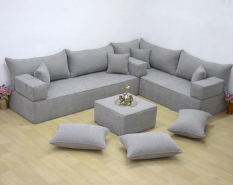 ブルーL字型フロアソファセット：オットマン付きセクショナルソファ