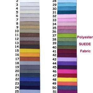 Pode incluir: Uma carta de cores com 52 amostras de tecido. As amostras s&atilde;o numeradas de 1 a 52. As amostras s&atilde;o dispostas em duas colunas. As amostras s&atilde;o de v&aacute;rias cores, incluindo branco, cinza, marrom, amarelo, laranja, vermelho, rosa, azul, verde e roxo. As amostras s&atilde;o etiquetadas como "Polyester Suede Fabric".