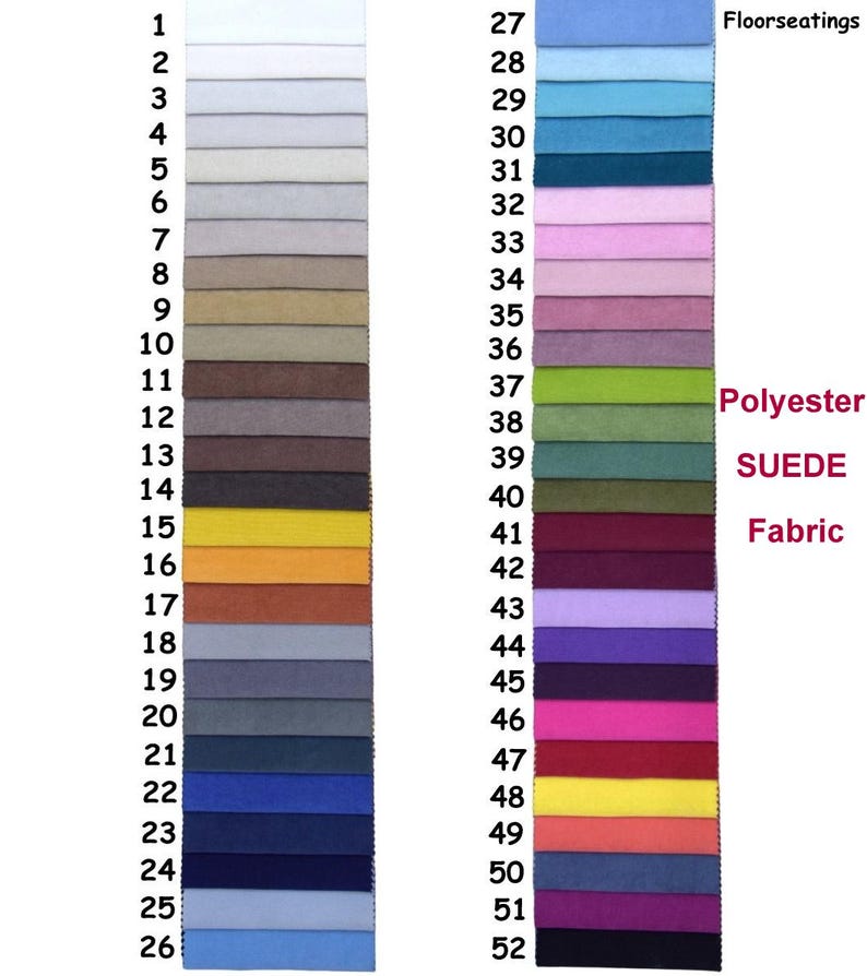 Pode incluir: Uma carta de cores com 52 amostras de tecido. As amostras s&atilde;o numeradas de 1 a 52. As amostras s&atilde;o dispostas em duas colunas. As amostras s&atilde;o de v&aacute;rias cores, incluindo branco, cinza, marrom, amarelo, laranja, vermelho, rosa, azul, verde e roxo. As amostras s&atilde;o etiquetadas como "Polyester Suede Fabric".