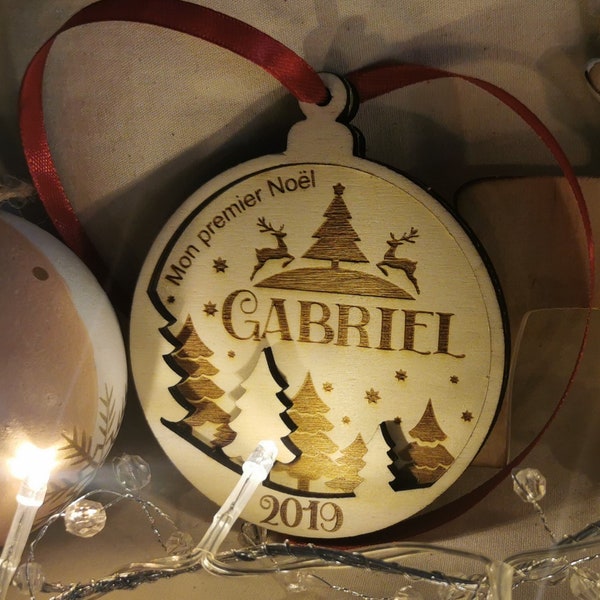 Bola de Navidad de madera personalizada, bola de Navidad personalizable mi primera Navidad, decoración de Navidad de madera para árbol de Navidad