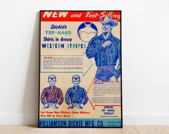 Dickie's vintage poster, Levi Strauss print /jeans denim retro poster / fashion Wall art. Dickie's ad retro Poster Photo Print Wall Art.