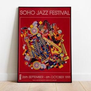 Jazz music festival vintage poster, Jazz print, Jazz Festival retro poster. Soho Jazz festival advertising 1991. Jazz wall deco