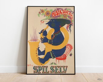 Classic music festival vintage poster, Jazz print, Jazz Festival retro poster. Danish festival advertising 1950's. Jazz wall deco