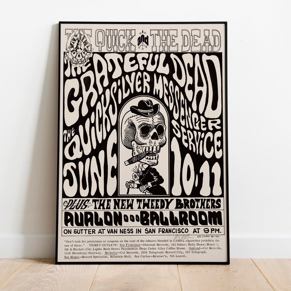 Affiche vintage de Grateful Dead, affiche de crâne reconnaissant. Affiche de Grateful Dead, affiche de crâne, affiche de concert de San Francisco