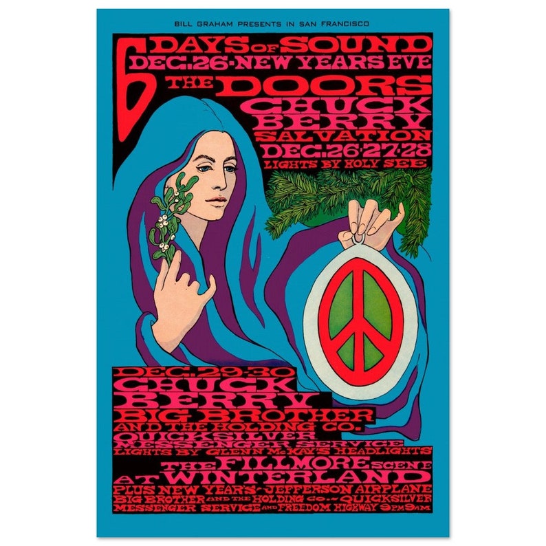 The Doors vintage poster, Chuck Berry poster, Woodstock psychedelic poster. Hippie poster, 60's concert poster. Peace and Love poster 40x60 cm / 16x24″