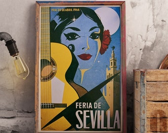 Spanish Guitar vintage Poster/ Sevilla vintage print / Spanish Poster Wall Art. Andalusia retro print , Spanish Home Decor