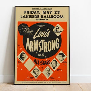 Affiche vintage de concert Louis Armstrong, impression Louis Armstrong, affiche rétro de concert de jazz. Affiche Satchmo