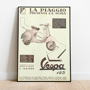 Vespa  125cc vintage italian ad poster, Piaggio Motorcycle print  Motorbike poster Vespa Wall art. Poster Photo  Scooter Print Wall Art 1957