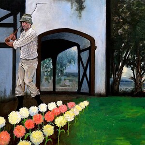 May include: A painting of a man in a white and brown plaid shirt and a hat, holding a golf club. He is standing in front of a building with a large archway. There are flowers in the foreground.