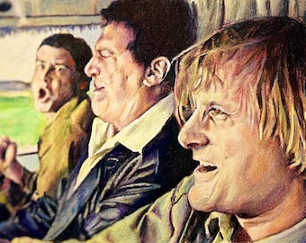 May include: A colour pencil drawing of three men in a car. The man in the front seat is looking out of the window with his mouth open. The man in the middle is looking straight ahead with his mouth slightly open. The man in the back seat is looking out of the window with his mouth open.