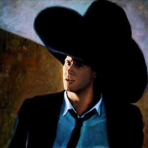 May include: A painting of a man wearing a large black hat and a blue shirt with a black tie. He is wearing a black suit jacket and has a serious expression on his face.