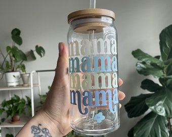 Mama Cup with Lid and Straw, Pastel Glass Cup, Coffee Cup for Mom,  Aesthetic Can Glass, Daisy Cup, Gifts for Her, Gift for New Mom