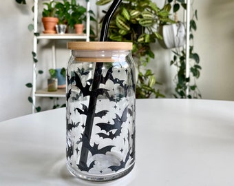 Halloween Bat Glass Cup, Bat Glass Cup, Cute Halloween Iced Coffee Glass, Cute Bat Cup, Halloween Iced Coffee Glass, Black Sparkle Bat Cup