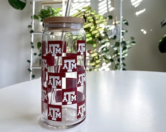 University Cup, Iced Coffee Cup, Gift for Texas Grad, Checker Glass Cup, Gifts for Her, Gift for Him, Alumni Cup, College Logo