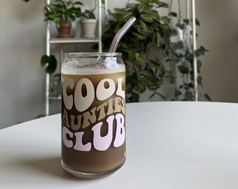 Cool Aunties Club Cup, Valentines Day Gift for Aunts, Pregnancy Announcement, Cool Aunties Club Mug, Neutral Coffee Cup with Lid and Straw,