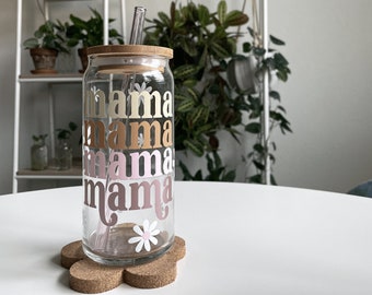 Mama Cup with Lid and Straw, Mama Glass Tumbler, Coffee Glass Cup for Mom, Retro Daisy Can Glass, Daisy Cup, Gifts for New Mom