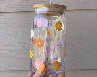 Daisy Soda Can Glass, Colorful Coffee Cup with Lid