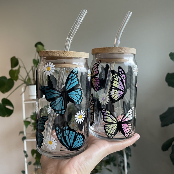 Butterfly Can Glass, Custom Color Butterfly Cup, Iced Coffee Glass, Mothers Day Gift, Can Glass Cup, Gifts for Teachers, Butterfly Daisy Cup