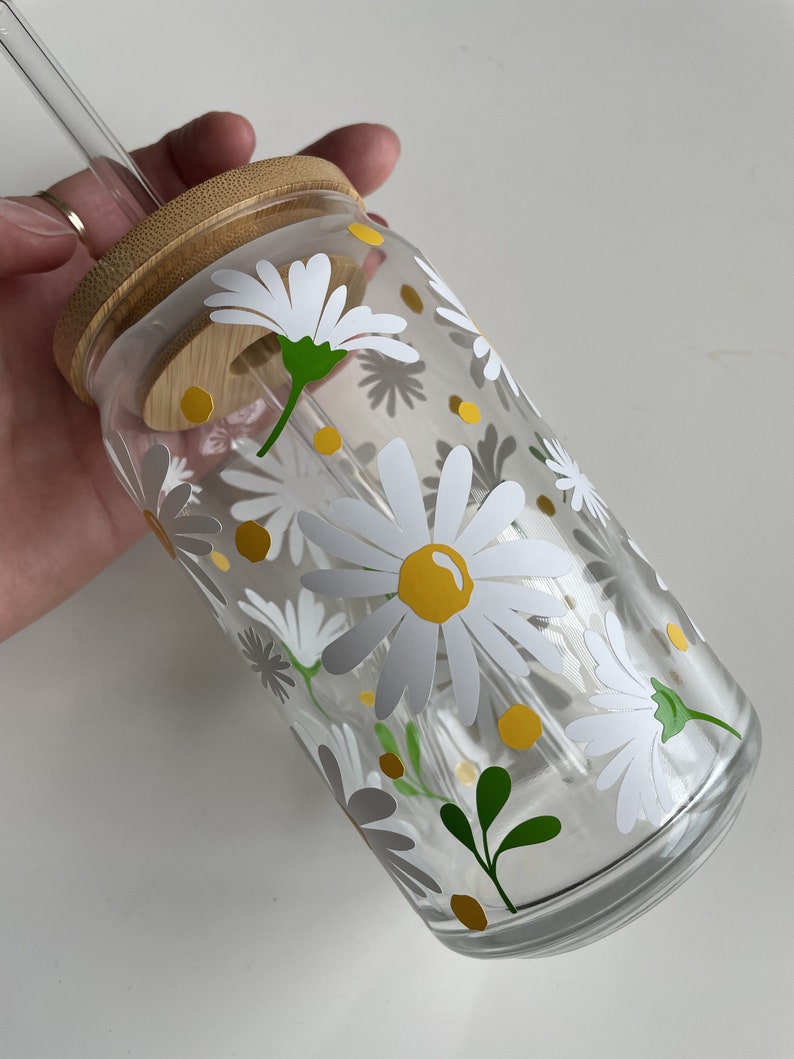 16oz White Daisy Cup, White and Green Floral Glass, Spring Summer Glass Cup, Birthday Gift for Her, Teacher Appreciation Gift, Coffee Glass image 10