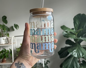 16oz Mama Cup with Lid and Straw, Pastel Glass Cup, Coffee Cup for Mom,  Aesthetic Can Glass, Daisy Cup, Gifts for Her, Gift for New Mom