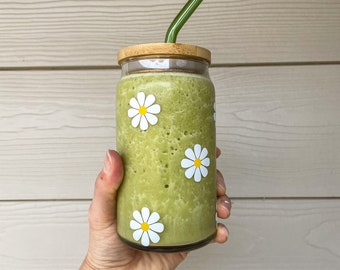 Daisy Print Can Glass, 16oz Floral Print Iced Coffee Cup, Gifts For Her