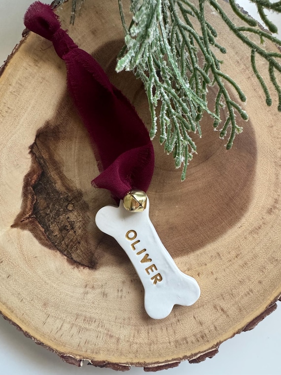 Personalized Dog Bone Xmas Tree Ornament, Pet Christmas Decor, Dog Gift, Fur Mom Gift, Dog Dad Gift