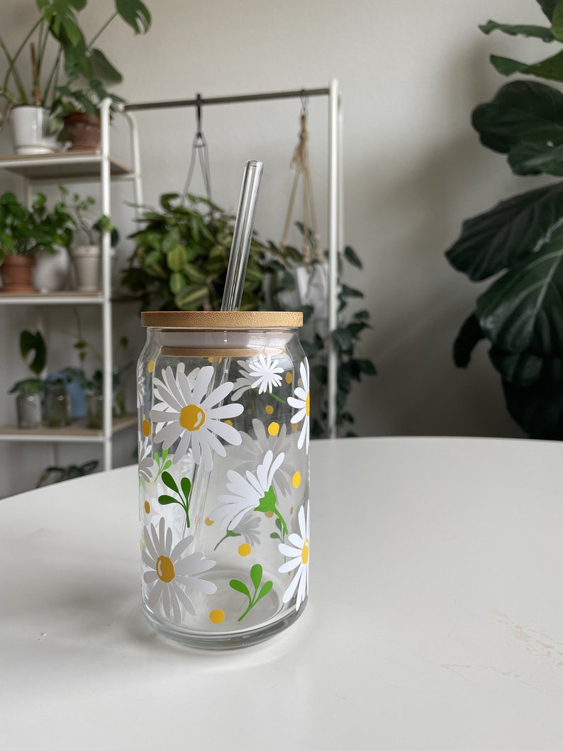 16oz White Daisy Cup, White and Green Floral Glass, Spring Summer Glass Cup, Birthday Gift for Her, Teacher Appreciation Gift, Coffee Glass image 1