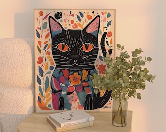 カラフルな猫のアートプリント 黒猫のポスター デジタルダウンロード