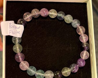 Regenboogfluorietarmband, paars, groen, blauw, kleurrijke kristallen armband, chakra-reiniging, helende kristallen, mentale helderheid, intuïtie