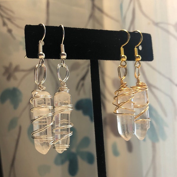 Clear Quartz Earrings , Wire Wrapped Clear Quartz Dangle Earrings