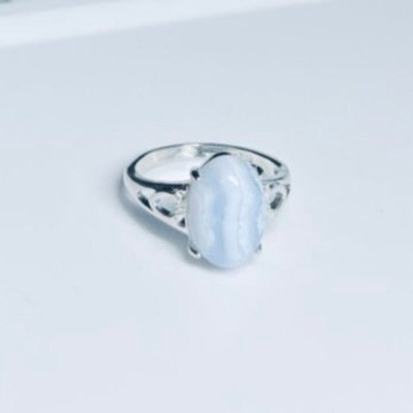 Blue Lace Agate Ring, Genuine Blue Lace Agate, Tarnish-Resistant, White Bronze, Hypoallergenic, Healing Crystal Rings