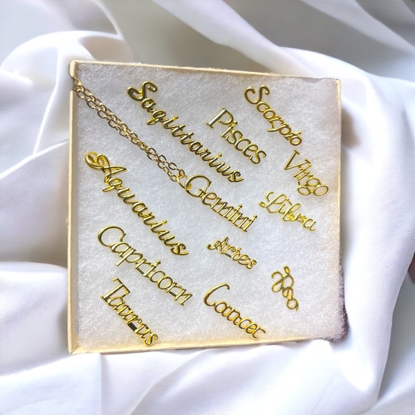 Gold Zodiac Sign Necklaces, Zodiac Names Necklace, Gold Zodiac Charm Jewelry, Zodiac Name, Aries, Leo, Virgo, Taurus, Pisces, Capricorn