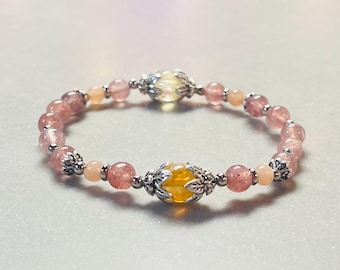 Armband vreugde en geluk, overvloed aan energie, citrien, aardbeikwarts, zonnesteen, armband vitaliteit, armband genezende kristallen