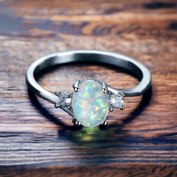 18K Gold Plated Opal Ring, Lab Created White Opal Ring, Silver Opal Ring, Pretty Opal Ring