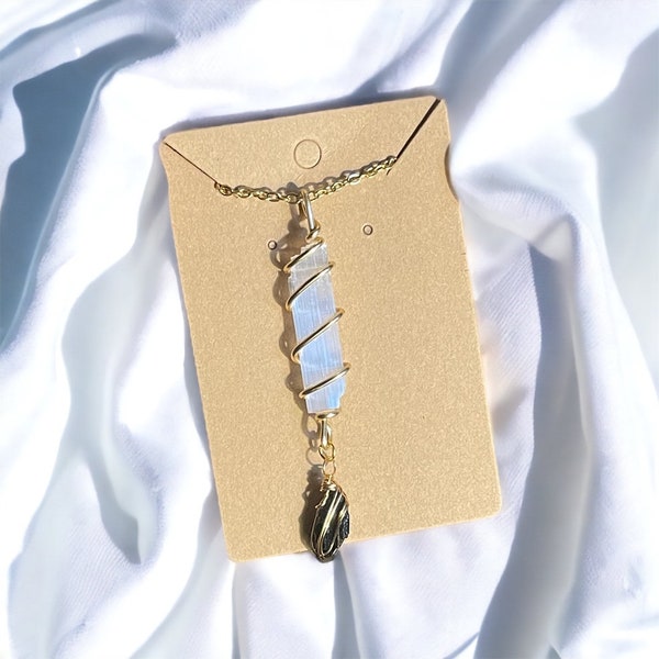 Selenite and Tourmaline Protection Necklace, Wire Wrapped Crystal Protection Necklace, Selenite Tourmaline Jewelry, Double Crystal Necklace