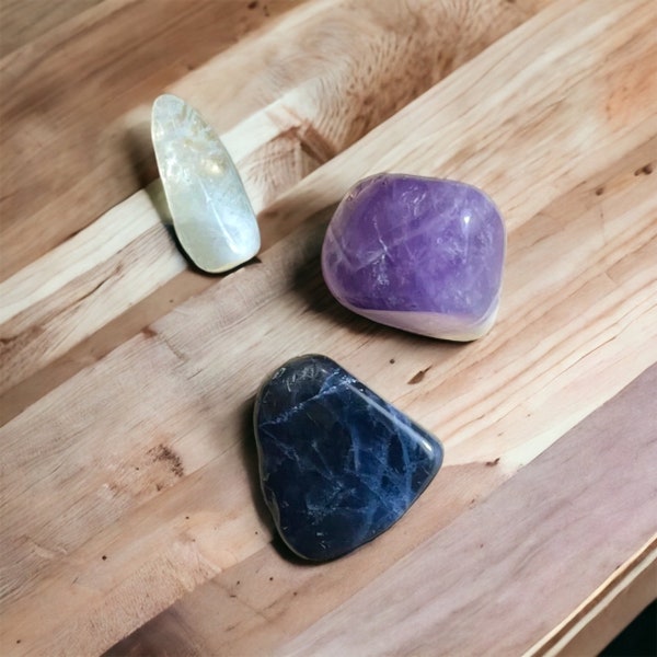 Pisces Healing Crystals Set, Zodiac Crystal Sets, Tumbled Gemstones And Note Card Set, Aquamarine, Amethyst, Sodalite, Gemstone Healing Sets