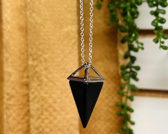 Collar de obsidiana negra, collar de punta de obsidiana negra, cristal triangular, collar de cristal curativo, péndulo, protección, energía psíquica