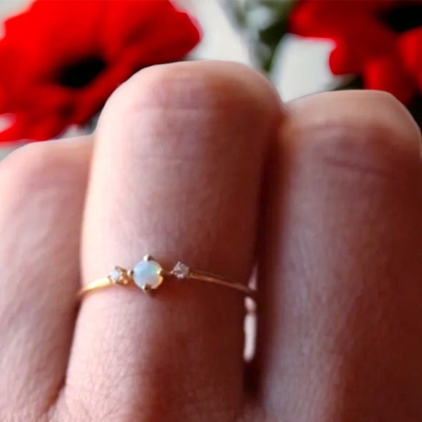Tiny Opal Ring, Tiny Opal and Diamond CZ Ring, Rose Gold Opal Ring, Dainty Rings, Lab Created Fire Opal Jewelry
