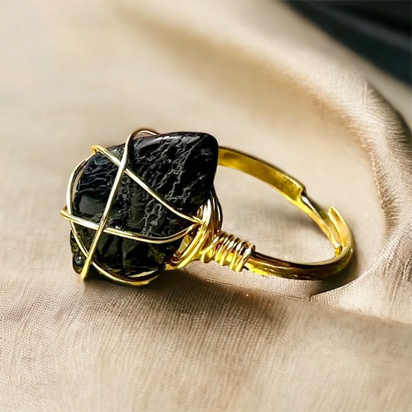 Black Tourmaline Ring, Adjustable Wire Wrapped Crystal Ring, Protection Crystal, Healing Crystal, Black Tourmaline Jewelry, Handmade