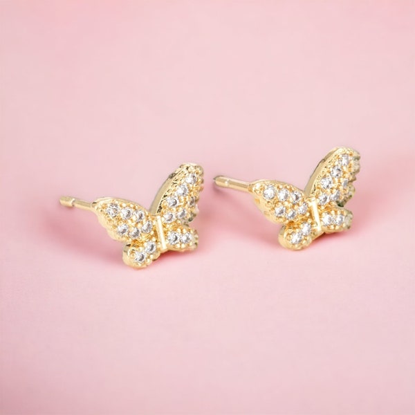 18K Gold Diamond Butterfly Studs, Cz Diamond Butterfly Earrings, 18K Real Gold Plated Stud Earrings, Cubic Zirconia Earrings