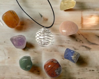 Chakra Gemstones and Necklace with Cage, Healing Crystal Jewelry, Healing Gemstones, Authentic Crystals
