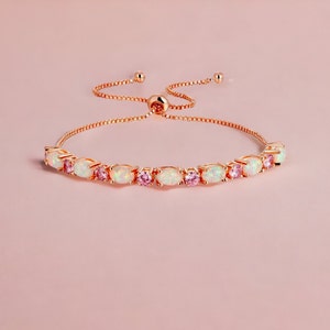 Rose Gold Opal Bracelet with CZ, Fire Opal and CZ Diamond Adjustable Bracelet, Pink Diamonds Cz and Fire Opal, Birthstone Bracelet, Genuine