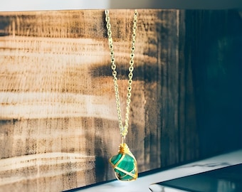 Malachite Necklace, Wire Wrapped Malachite, Genuine Malachite, Prosperity Crystal, Good Luck Crystal, Dainty Malachite, Healing Malachite