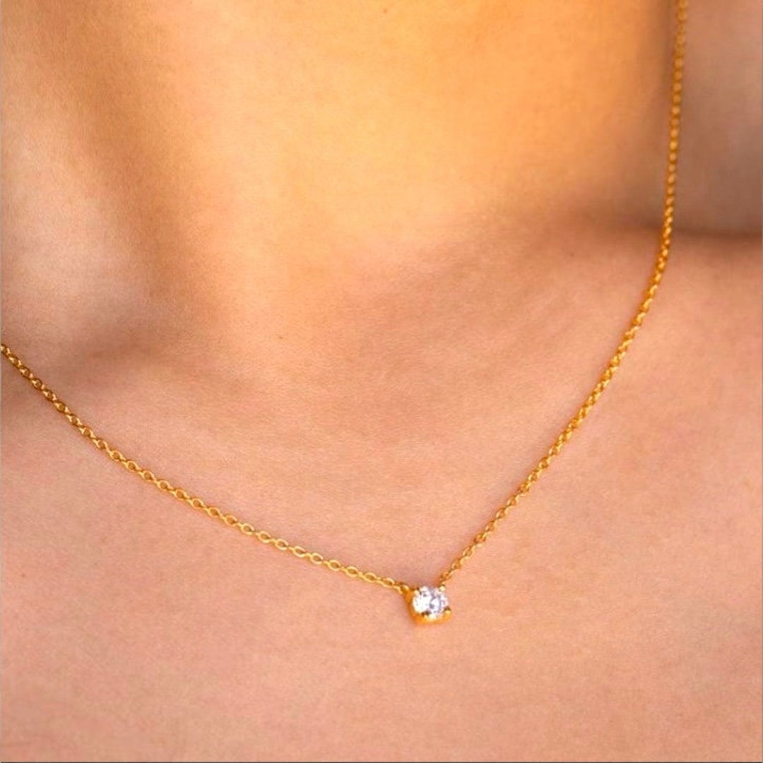 Minimalist Diamond Necklace Gold CZ Diamond Necklace 18K Etsy