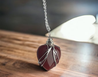 Wire Wrapped Carnelian Heart Necklace, Red Carnelian Heart, Orange Carnelian Heart, Wire Wrapped Crystal Necklace