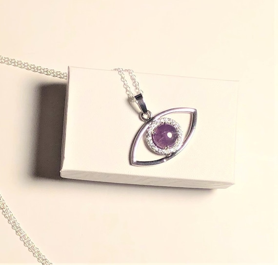Amethyst Evil Eye Necklace, Genuine Amethyst Jewelry, Crystal Healing, Protection stone, Cleansing Stone