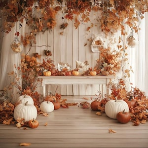 May include: A whitewashed wooden table with a rustic autumnal theme. The table is decorated with pumpkins, gourds, and autumn leaves. There are also white pumpkins on the floor in front of the table.