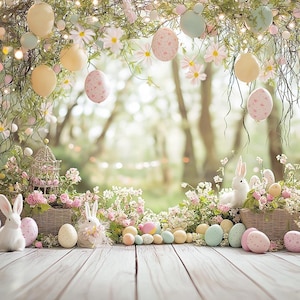May include: A white wooden table with a variety of pastel coloured Easter eggs and two white bunny figurines. The table is decorated with a floral arrangement and pastel coloured balloons.