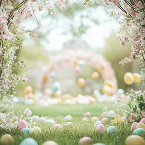 May include: A field of green grass with pastel colored Easter eggs scattered throughout.  The background is blurred and features a pink floral archway.